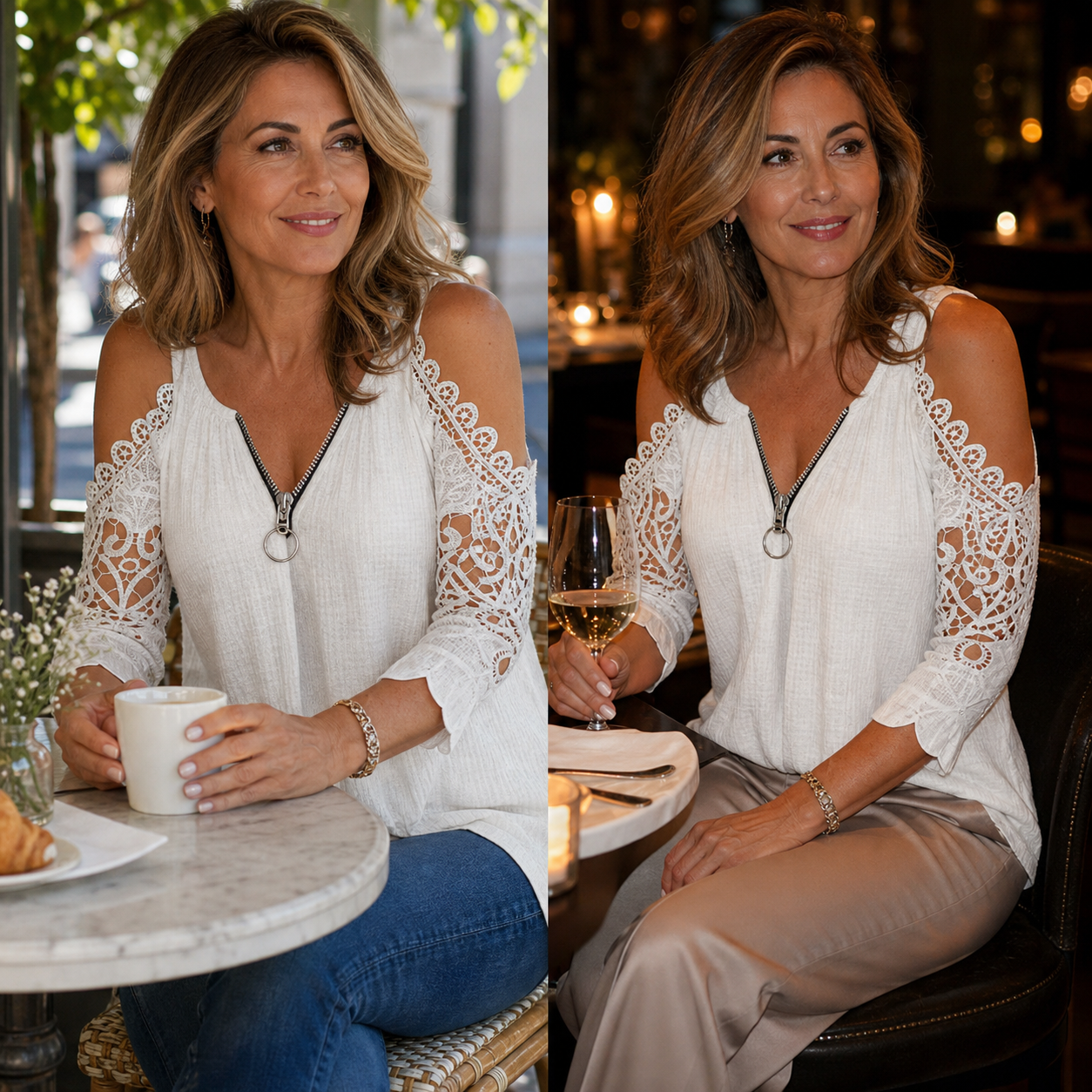 Larissa Belmonte™ Blusa elegante con spalle scoperte e pizzo