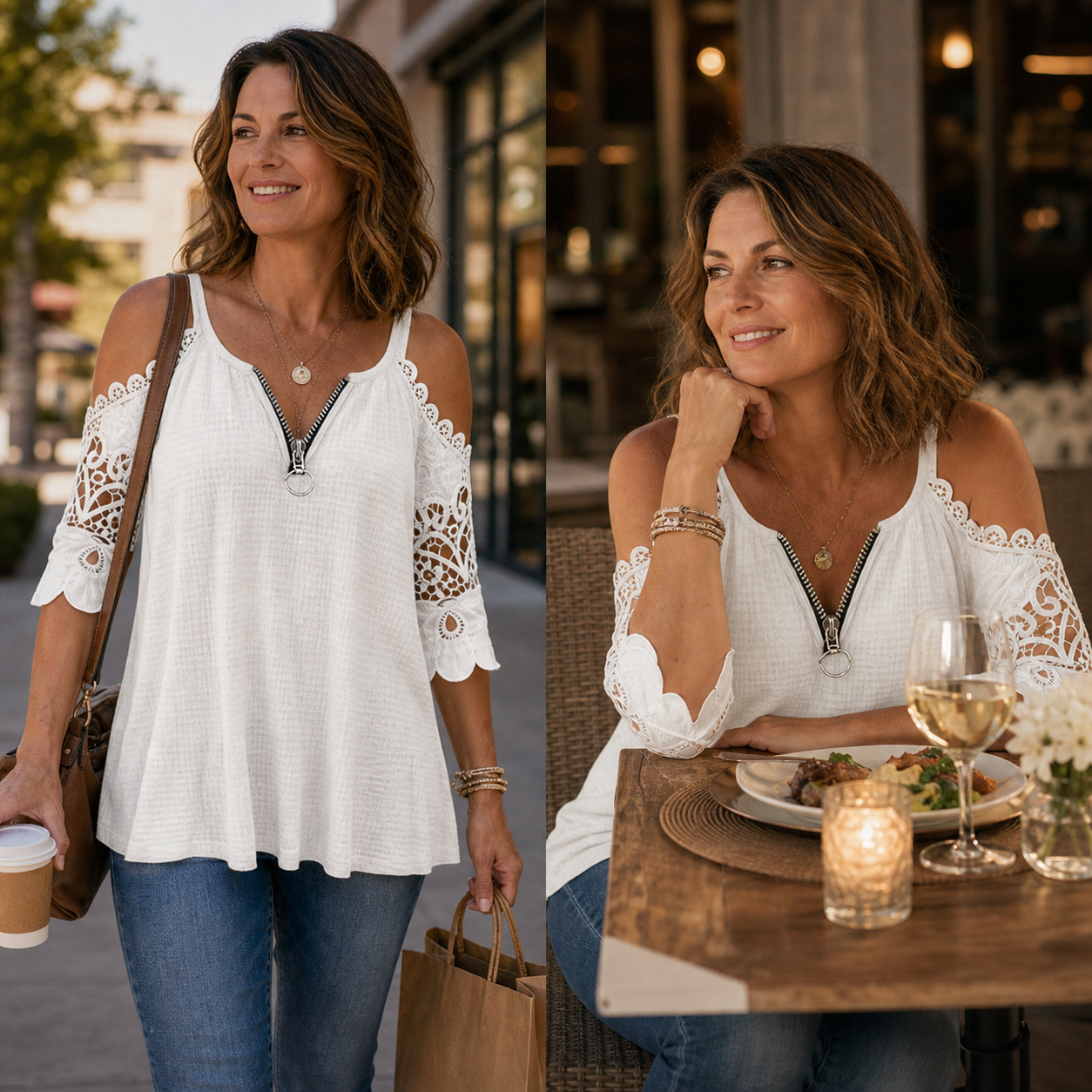 Larissa Belmonte™ Blusa elegante con spalle scoperte e pizzo