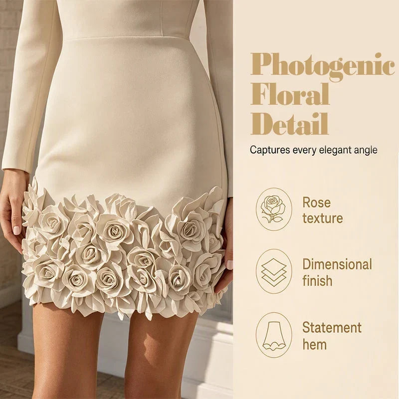 Malvina Ambrosino™ Abito elegante con scollo a V e orlo a rose