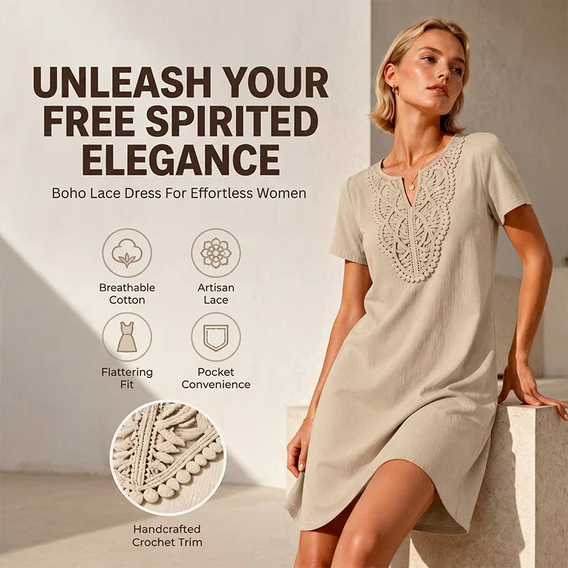 Nives Boheme-Inspired Relaxed V-Neck Lace T-Shirt Dress - main front view