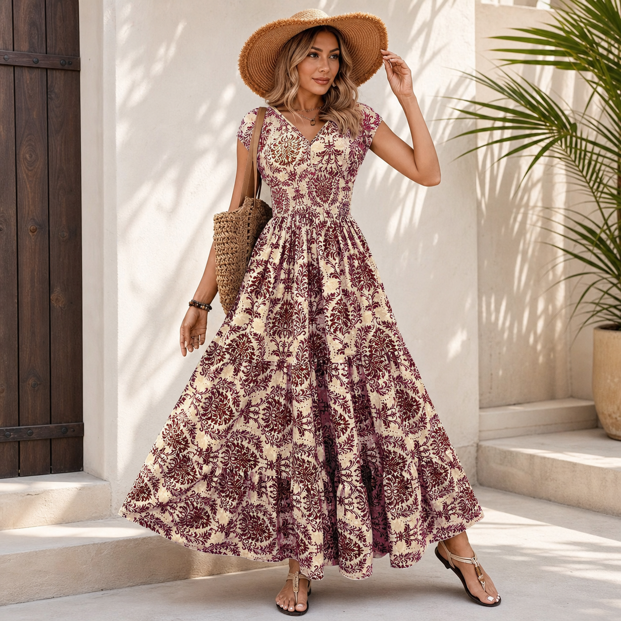 Olga Costantini™ Vestito con scollo a V e vita arricciata per un'eleganza senza sforzo