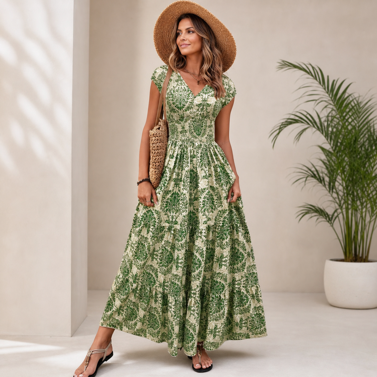 Olga Costantini™ Vestito con scollo a V e vita arricciata per un'eleganza senza sforzo