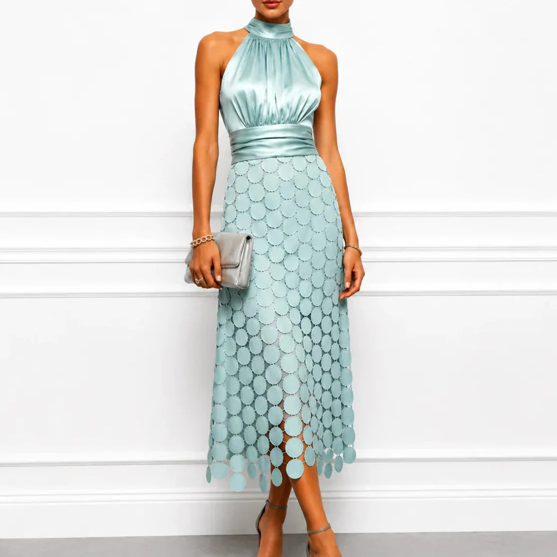 Orsola Luxe Halter Midi Dress - main front view of the flattering halter midi dress