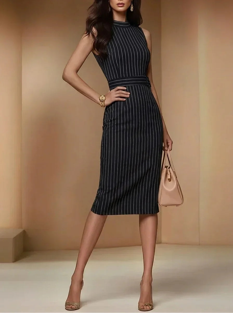 Ottavia Della Valle Pinstripe Midi Dress - black slim-fitting midi dress front view