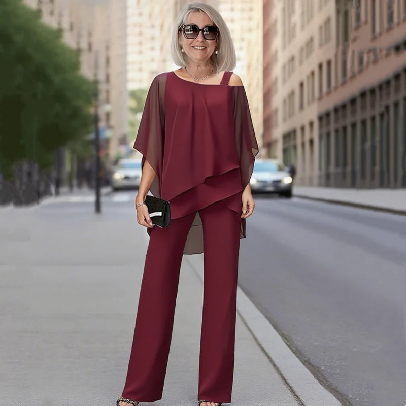 Palmira Women's Asymmetric Chiffon Top and Wide Leg Pants Two-Piece Set - gallery view 2