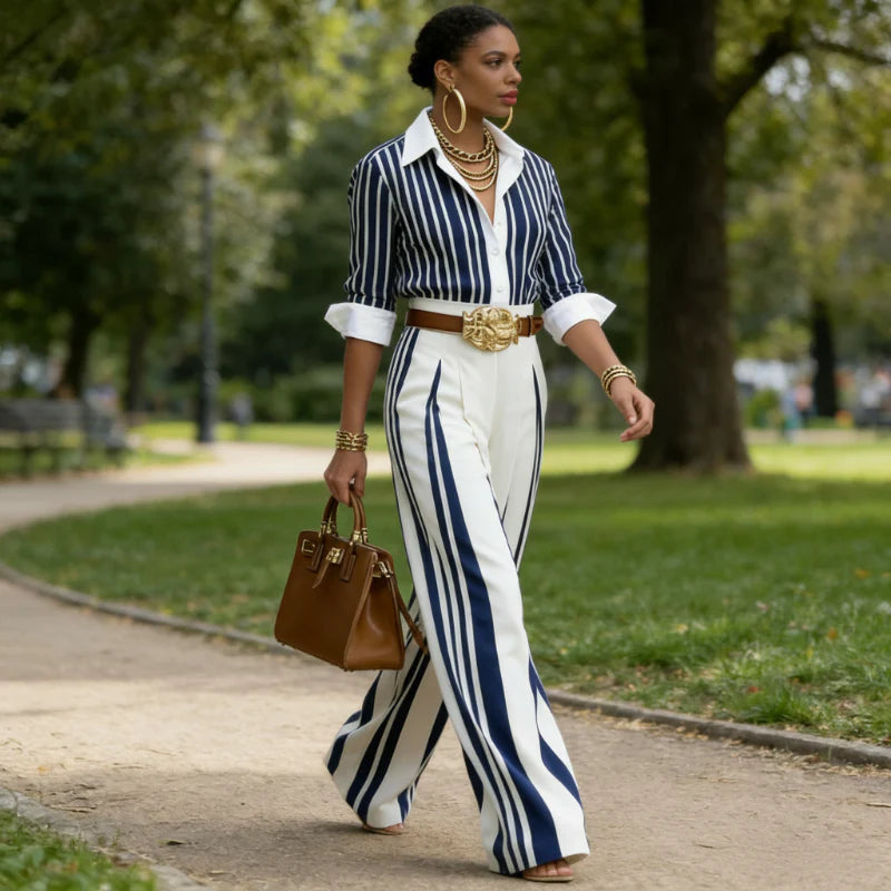Romilda Romilda Pinardi Polished Striped Two Piece Set - back view of striped shirt and wide-leg pants
