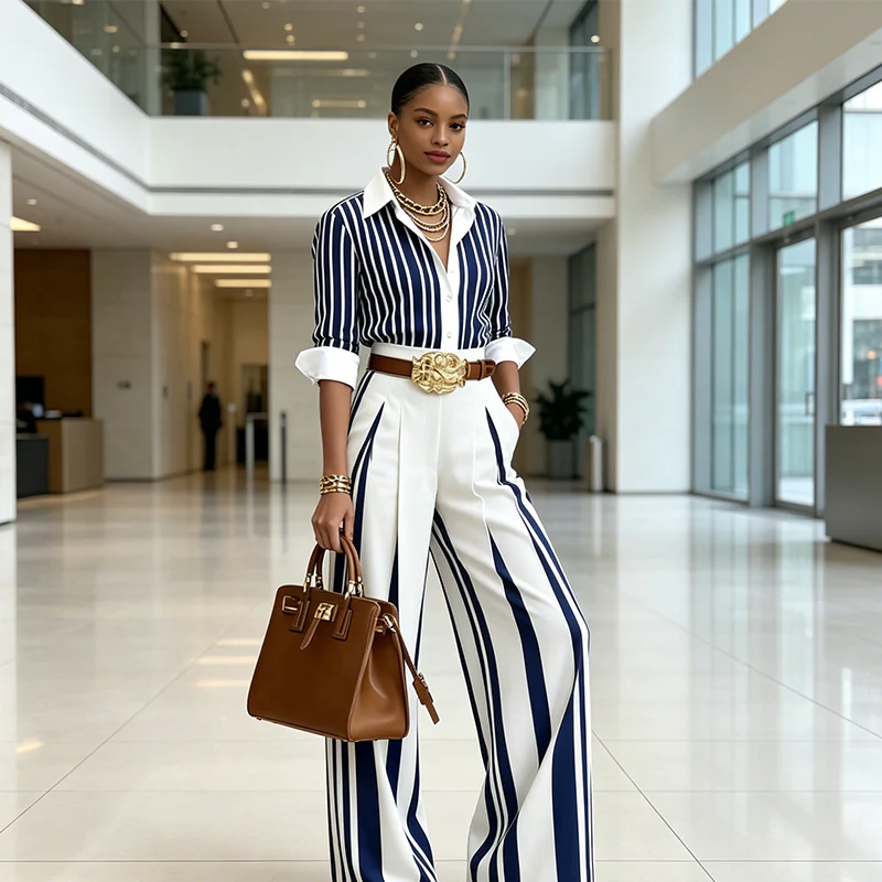 Romilda Romilda Pinardi Polished Striped Two Piece Set - full-length view showing wide-leg pants silhouette