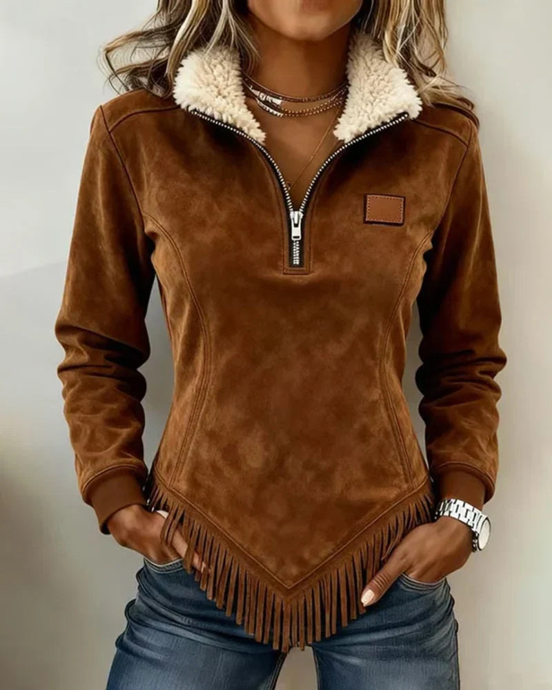 Sabina Avellino™ Felpa con mezza zip e frange per uno stile senza sforzo