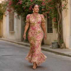 Valentina Petrelli™ Maxi abito floreale che valorizza la silhouette per un'eleganza senza sforzo