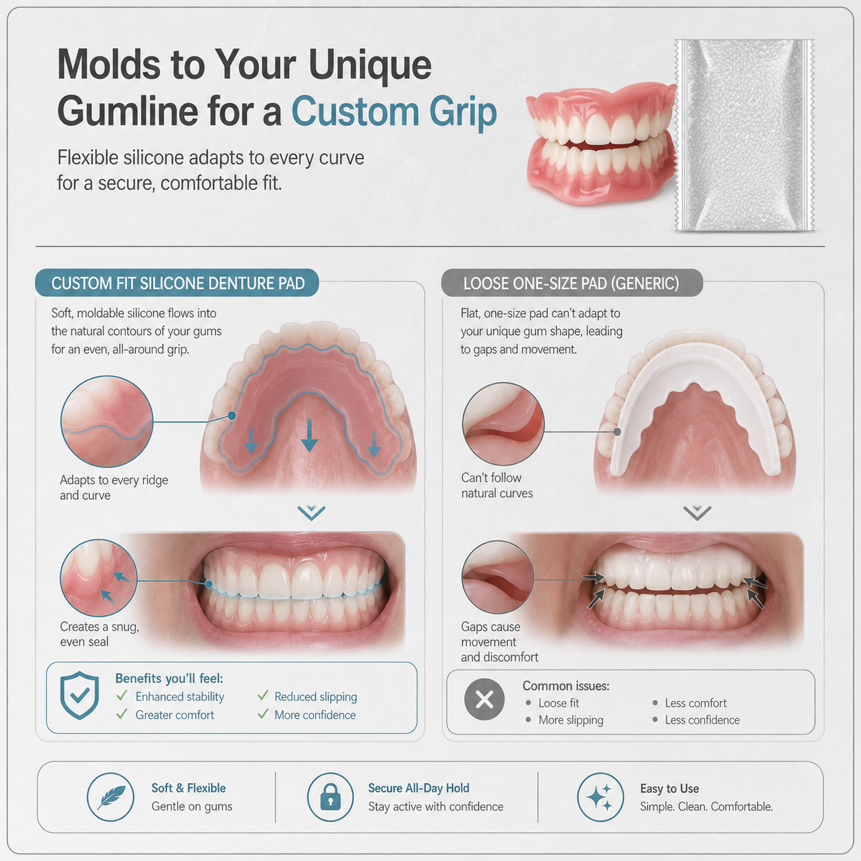 VelvetDent Pro™ Cuscinetti in silicone morbido per protesi dentarie ad aderenza sicura
