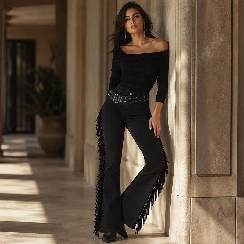 Violante Collura™ Jeans a zampa con frange per una linea della gamba più allungata