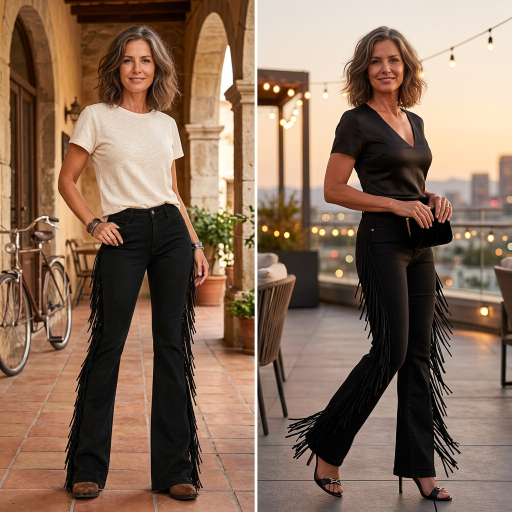 Violante Collura™ Jeans a zampa con frange per una linea della gamba più allungata