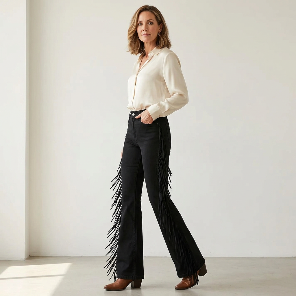Violante Collura™ Jeans a zampa con frange per una linea della gamba più allungata
