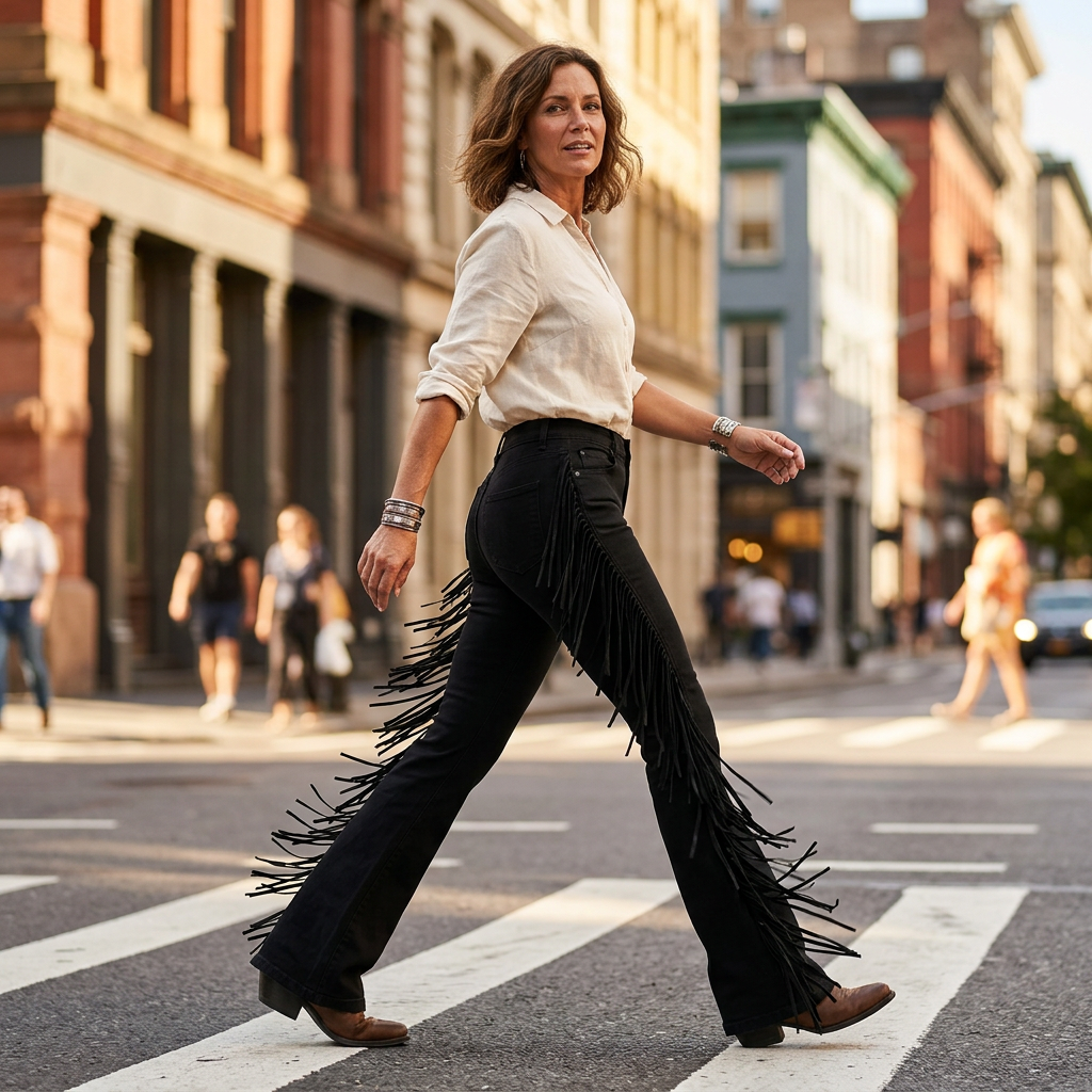 Violante Collura™ Jeans a zampa con frange per una linea della gamba più allungata
